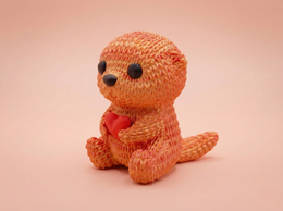 Knitted toy otter with a red heart on a beige background